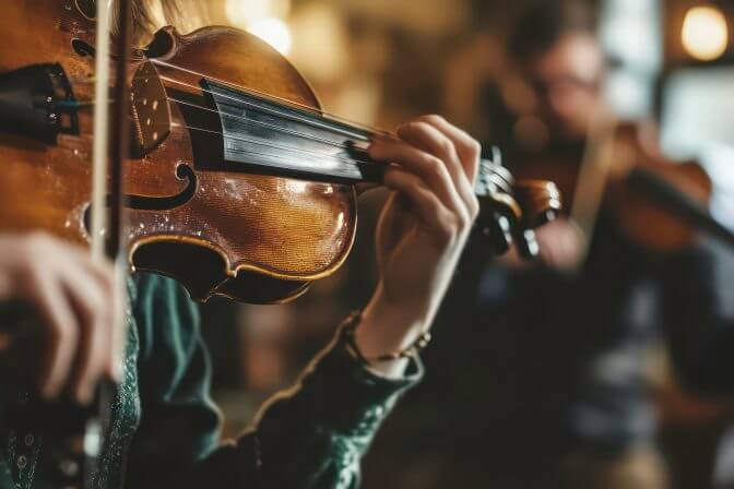 A close-up of a violinist's hands playing in a cozy setting.