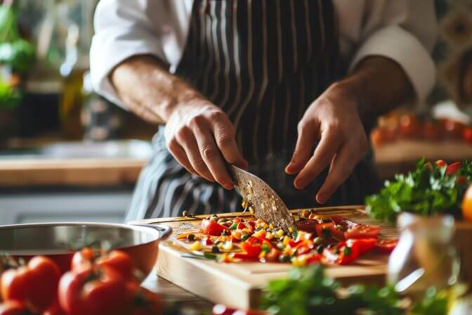 A chef is cutting up fresh vegetables on a wooden cutting board. He is wearing a white chef's coat and a striped apron.